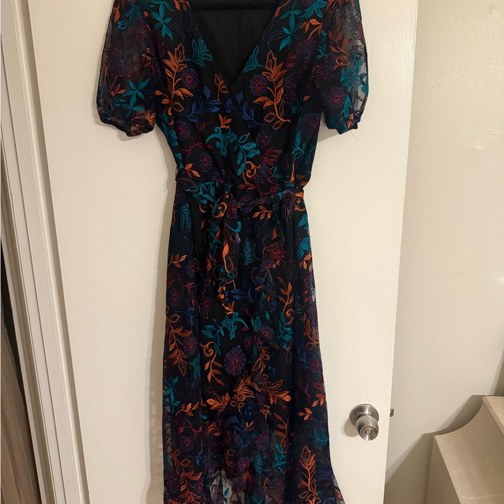 Kensie Black and Orange Floral Midi Dress